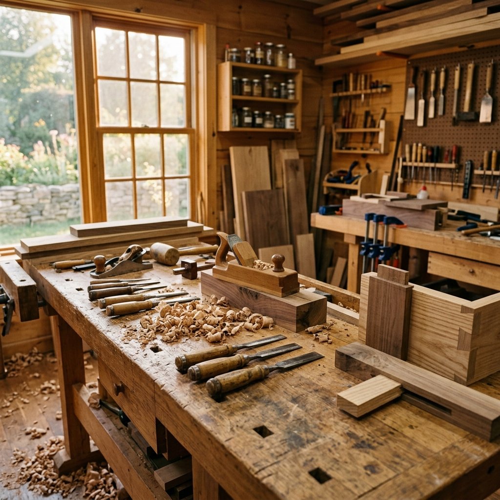 Woodworking workshop and hand chisels